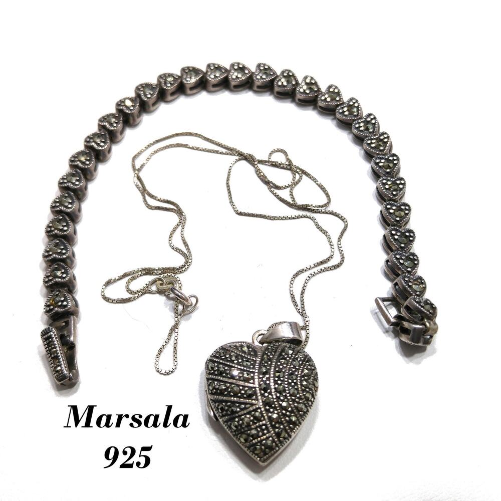 Marsala Silver Heart Locket Necklace & Bracelet, 925 Box Chain, 1980s Vintage